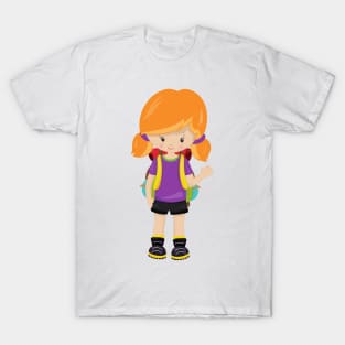 Camping, Campers, Cute Girl, Orange Hair, Backpack T-Shirt